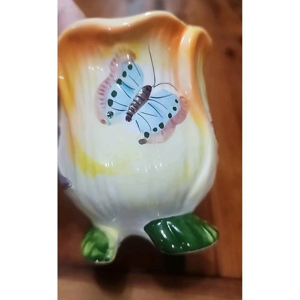 Vintage Butterfly Handpainted Small Bud Vase Planter Footed Colorful 3 1/2 X 3